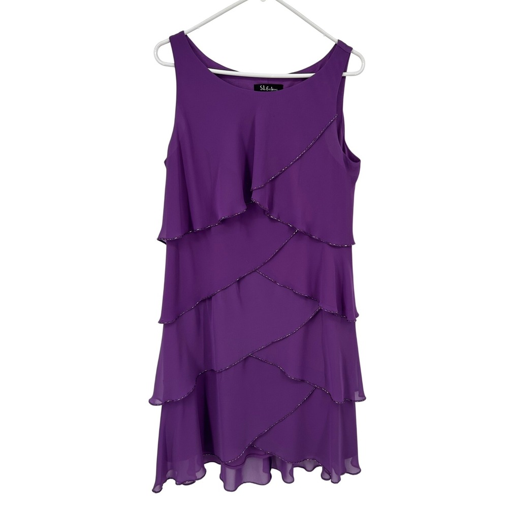 SL Fashions Purple Tiered Beaded Flapper Dress Womens 12 Sleeveless